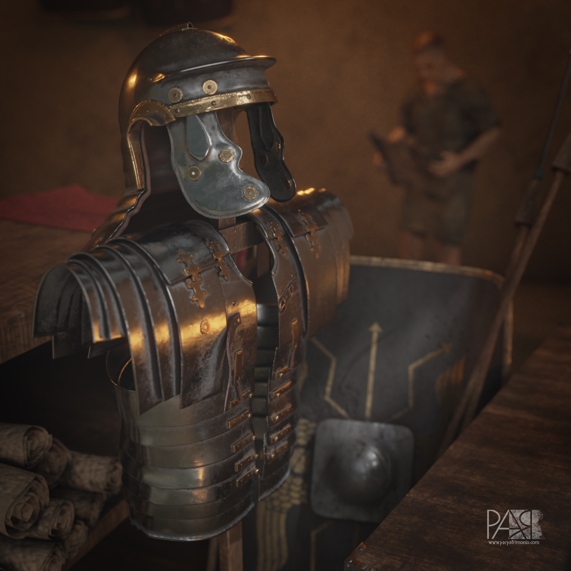 Recreación en 3D de una escena ambientada en el interior de una tienda militar romana
